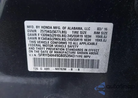 2016 Acura Mdx Technology Acurawatch Plus Packages/Technology Package from USA, damaged, VIN 5FRYD4H49GB053943